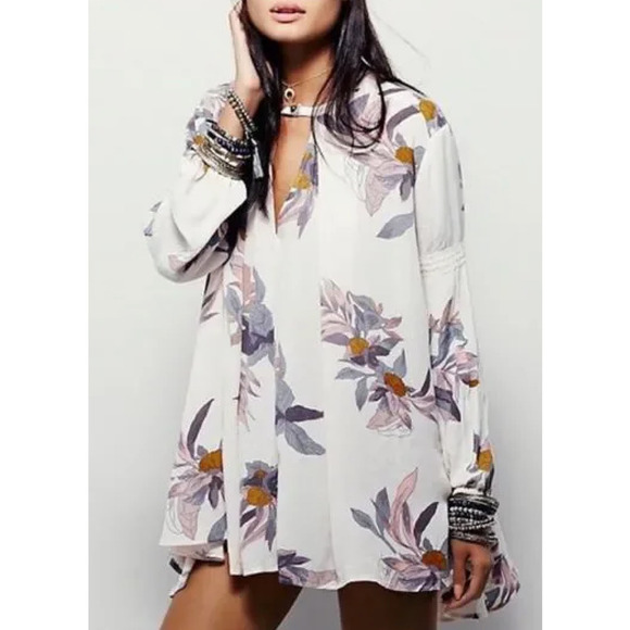 Free People Electric Orchid Print Swing Tunic in Cream, Size‎ XS - Picture 1 of 16